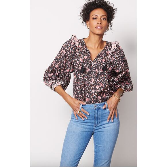 CLEOBELLA NWT Evereve Brynlee Black Pink Org Cotton Metallic Print Blouse // M - Picture 3 of 16